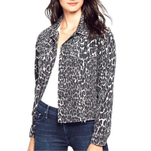 NWOT MOTHER Jeans The Cut Drifter Black Leopard Print Cropped Denim Jacket.S - Picture 2 of 9